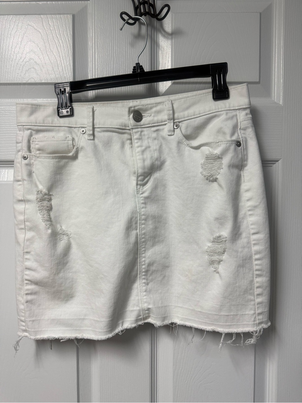 LOFT White Distressed Denim Mini Skirt
